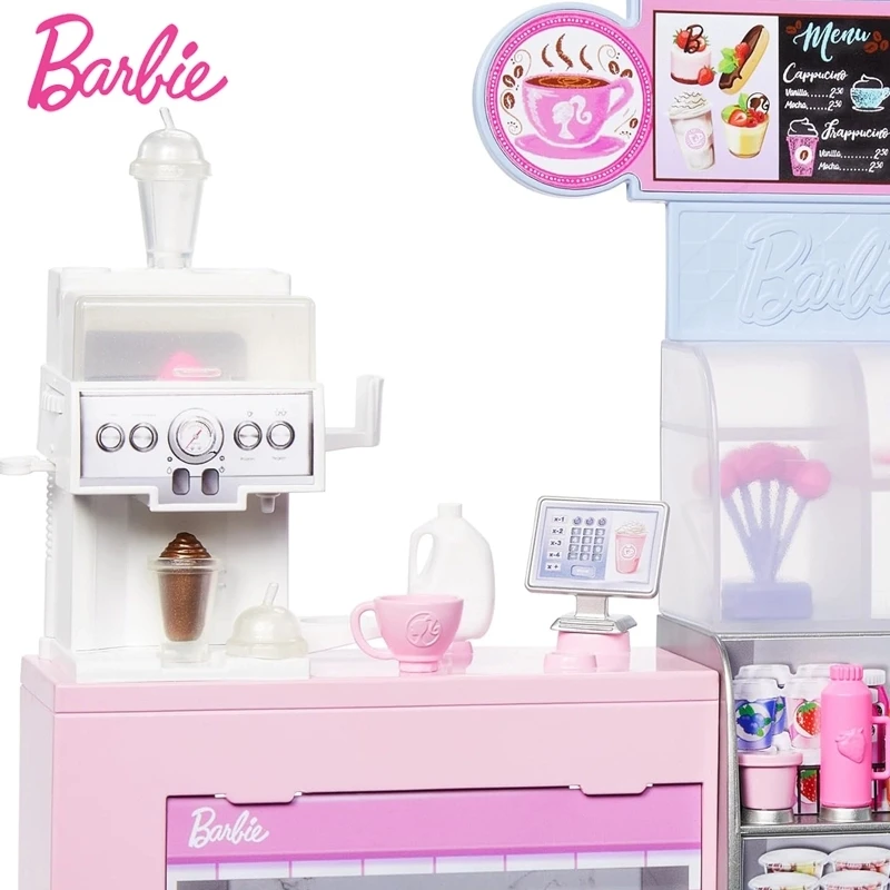 Barbie boneca cafeteria jogar conjunto crianças profissional barista experiência rico acessórios diy bebidas brinquedo meninas presente de natal