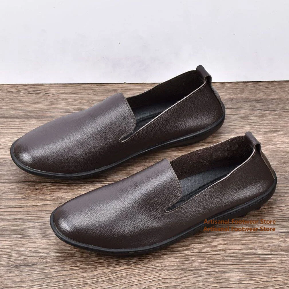 Black/coffee Leather Casual Shoes Round Toe Slip On Breathable Business Shoes Soft Leather Soft Sole Trendy Handmade Men's Shoes