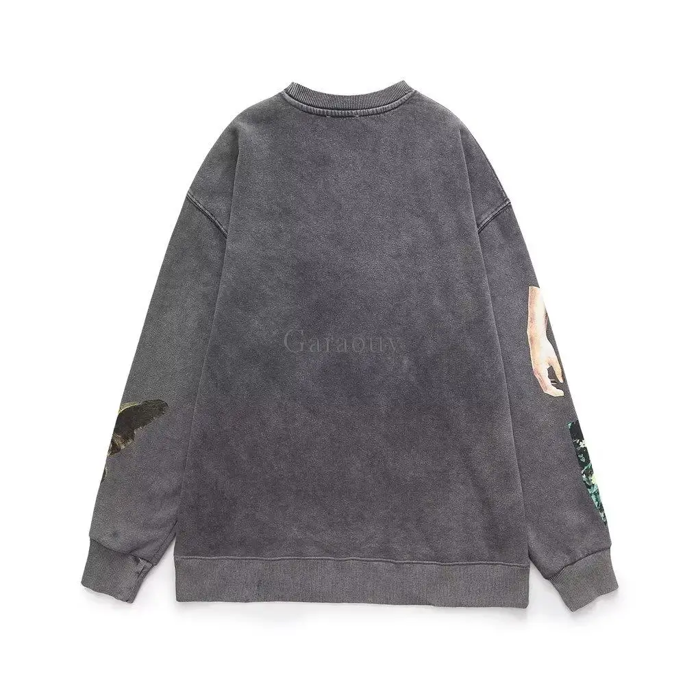 Garaouy 2023 Spring New Woman Chic Grey Character Printing Sweatshirt Female Loose Leisure Pullover O Neck Streetwear Tops Mujer