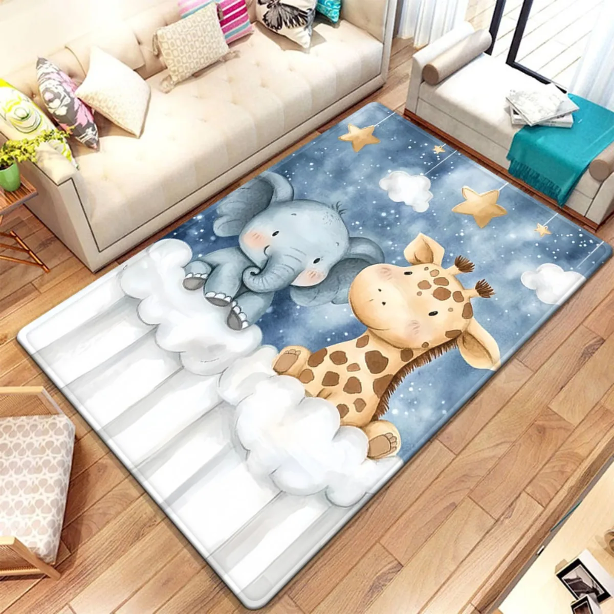 Cute Animal Cloud Nursery Rug Play Mat Kids Room Decor Elephant Giraffe Stars Bedtime Safari Carpet Whimsical Crib Floor Mat