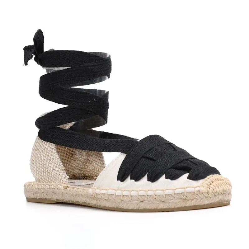 Maogu 2024 New Hemp Flat Shoes for Women Comfortable Luxury Sandal Summer Round Toe Black Lace-up Women\'s Espadrilles Sandals 42