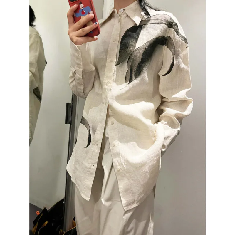

Spring Plant Printed Linen Shirts Women Pointed Collar Loose Vintage Casual Shirts Tops