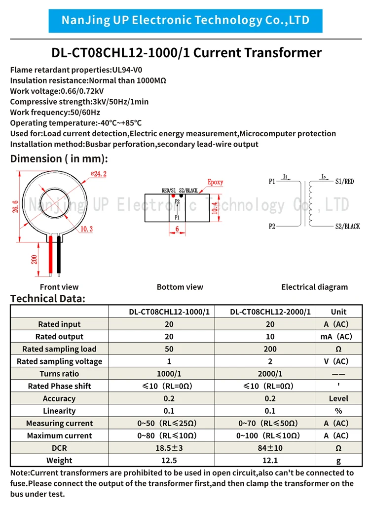 NJXSE DL-CT08CHL12 1000/1 2000/1 Current Transformer Precision Toroidal CT AC 1A 5A 10A 20A 30A 50A 60A Mini Current Transformer