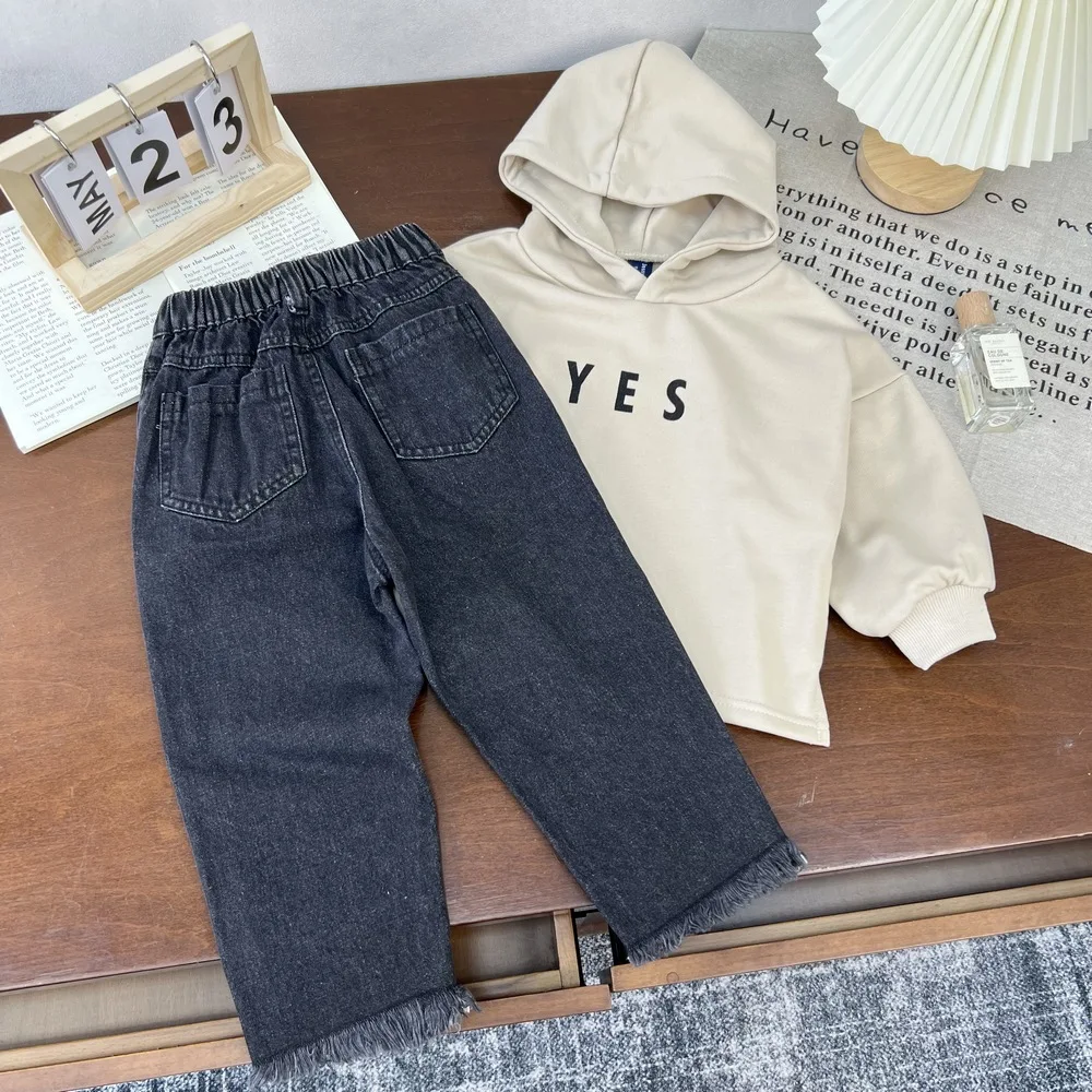 Children Korean Trendy Jeans Autumn Winter 2025 New for Boys and Girls Simple and Personalized Fringed Ankle Pants