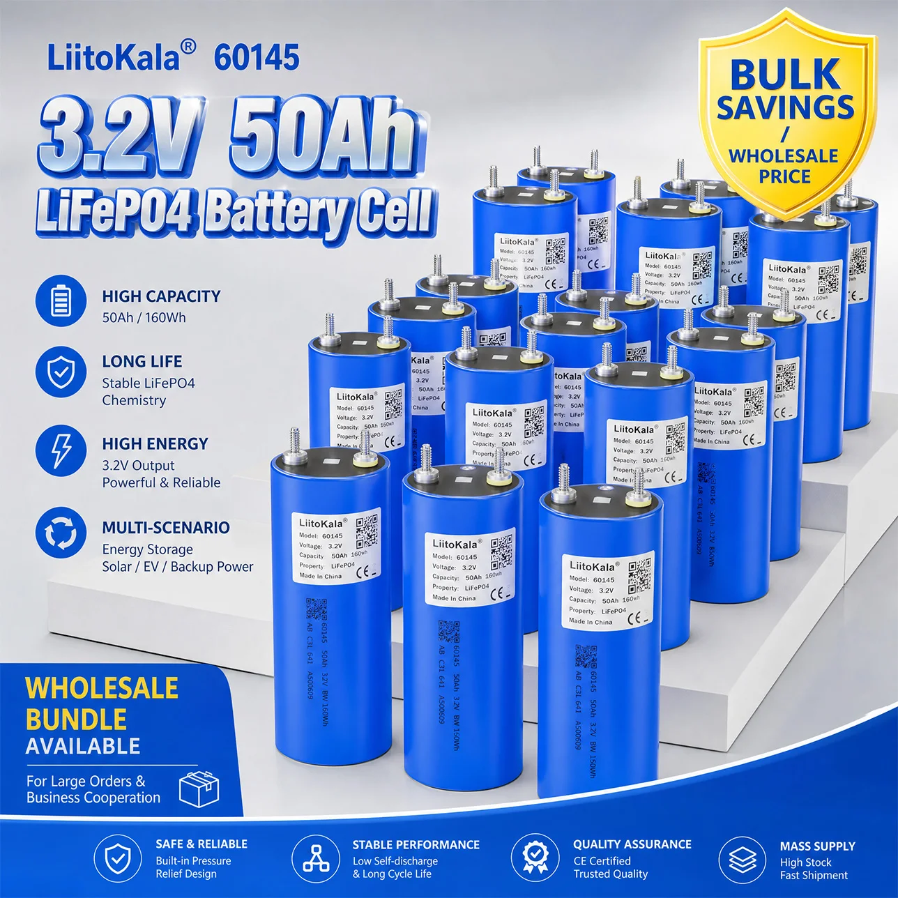 LiitoKala 3.2V 50Ah 60145 LiFePO4 Battery Cell DIY 4-28PCS Build Custom Pack Solar Energy Storage Electric Vehicle Rechargeable