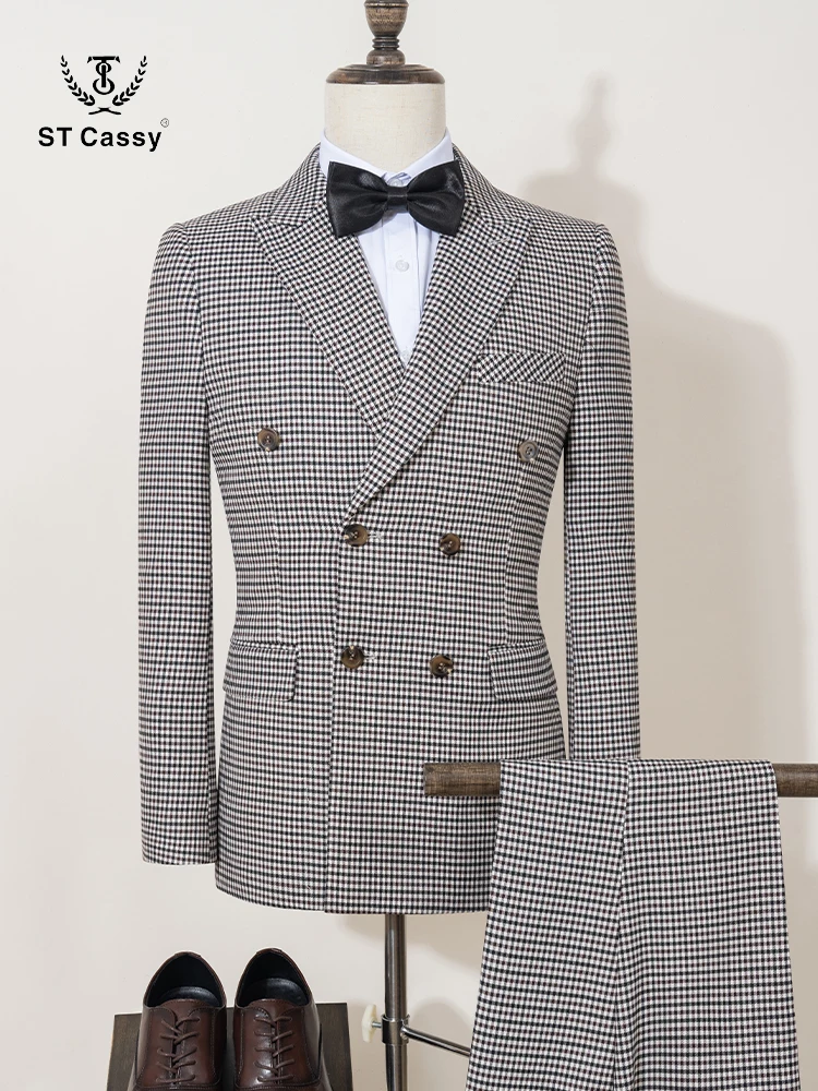 

ST Cassy Fashionable Plaid suit High-end Brand Business Slim Fit Casual Party Dress Male Groom Wedding Blazers Double Breasted