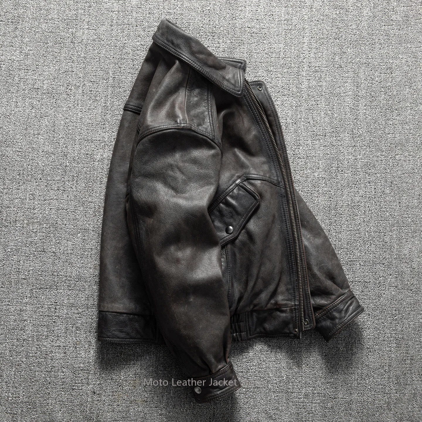 Men's Black Gray Vintage Distressed First Layer Cowhide Genuine Leather Jacket Hong Kong Style Amekaji Plus Size Flight Coat - view 3