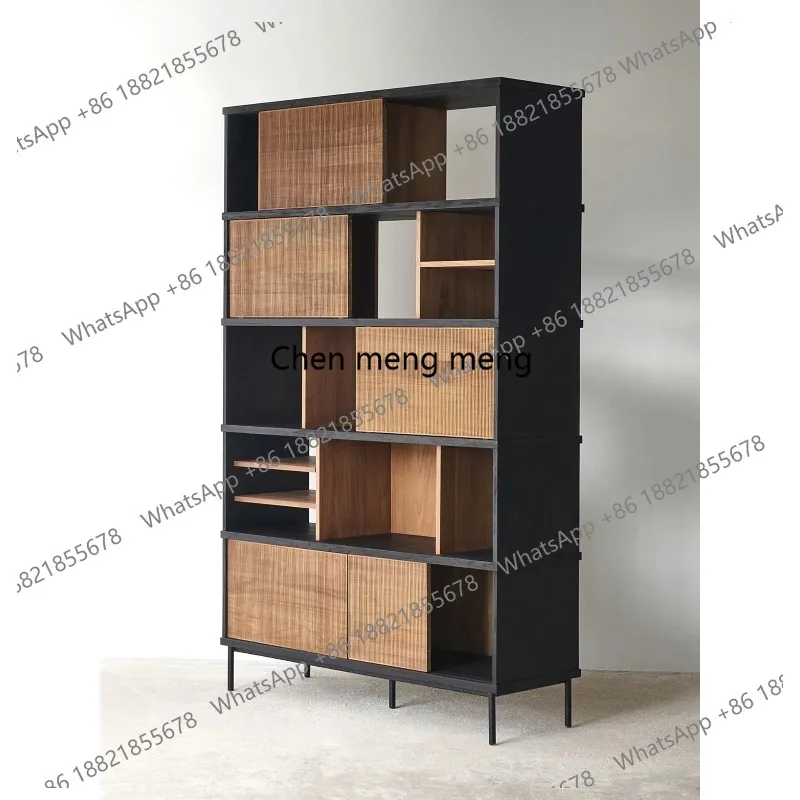 Nordic teak solid wood bookcase locker integrated floor with cabinet door rack multi-layer