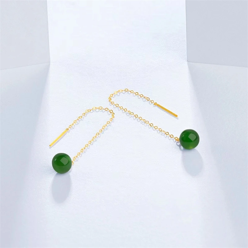 Real 18K Gold Pendant Earrings Women's Premium Jewelry AU750 Hetian Jade Earring Piercing Line Fine Jewelry Gifts