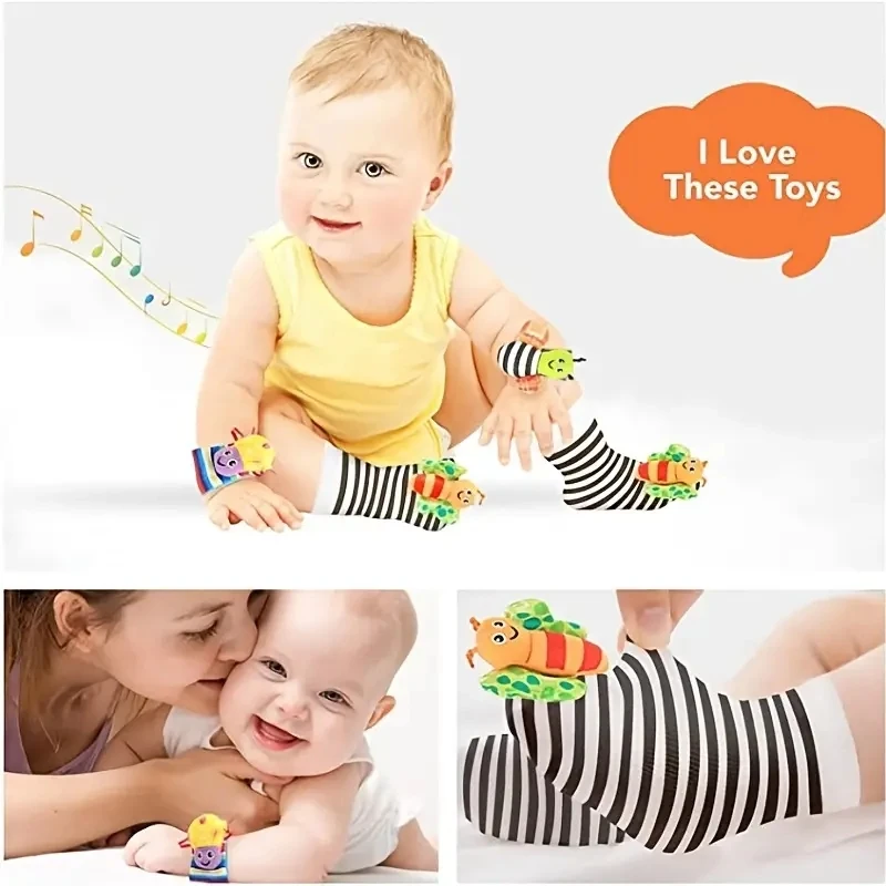 4-Pack Of Adorable Baby Wrist Strap Socks - Cartoon Hand Rattle & Plush Toy Set! Christmas Halloween Thanksgiving gifts