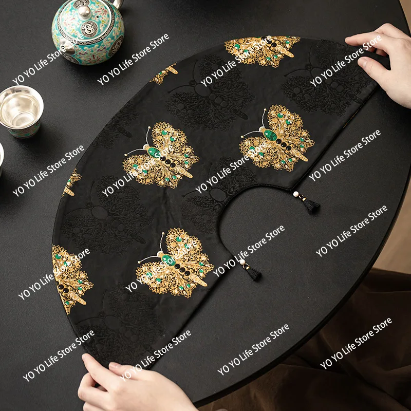 Gold Butterfly Fan Tea Party Chinese Retro Zen Tea Table Cushion Brocade Jacquard Double-sided Tea Flag
