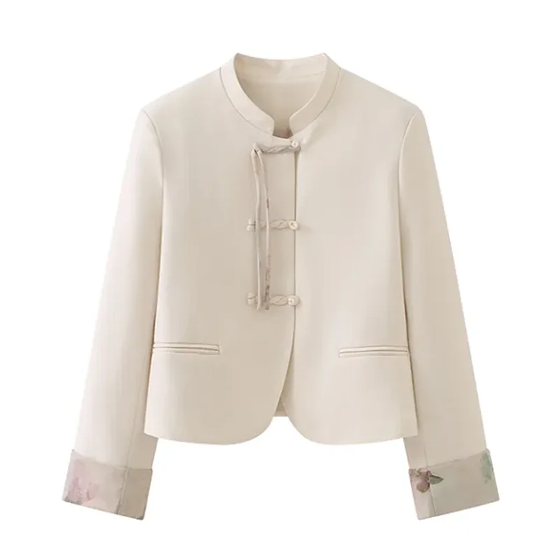 Chinese Coats Women Short Jacket Stand Up Collar Buckle Outwear Fake Pocket Printed Patchwork Coat Literature Women Retro Coats