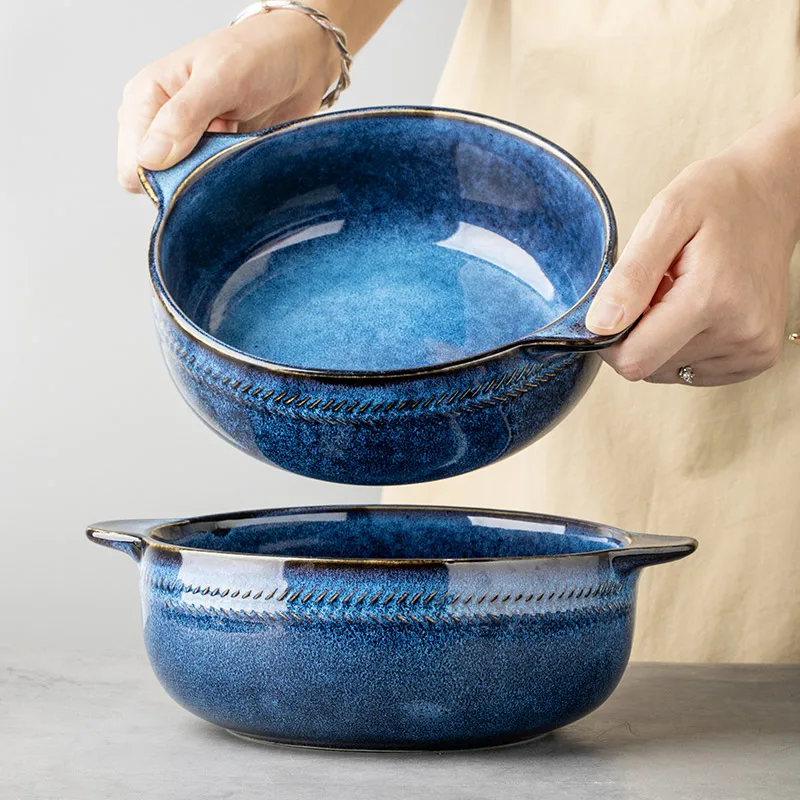 

Blue 8-inch Large Double Ear Bowl, Ceramic Instant Noodles Bowl, Kiln, Household Soup Bowl and Tableware with Handle