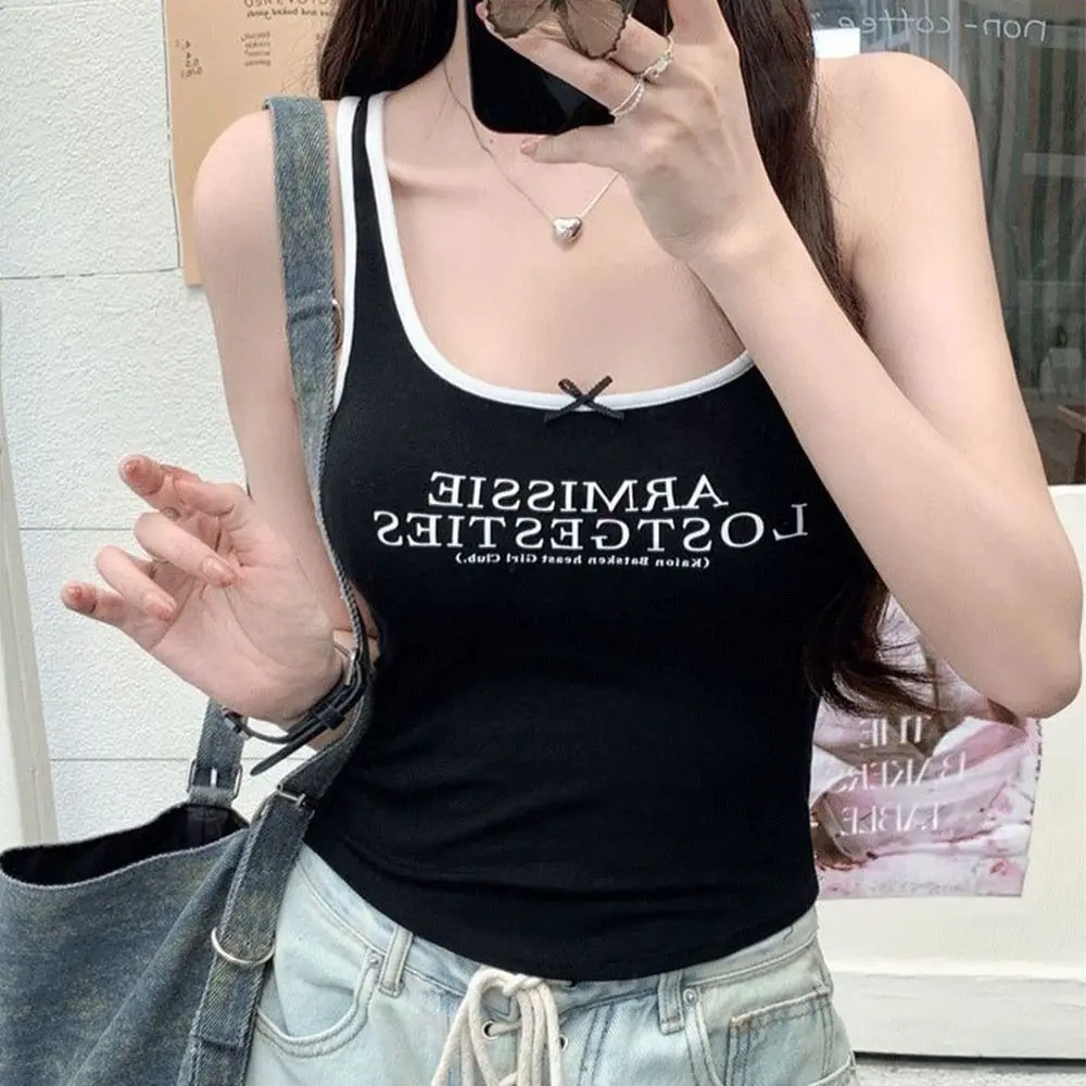 New American-style Tank Top Bow Color-blocked Unique Sweet Vest with Breast Pads Sleeveless Tube Top