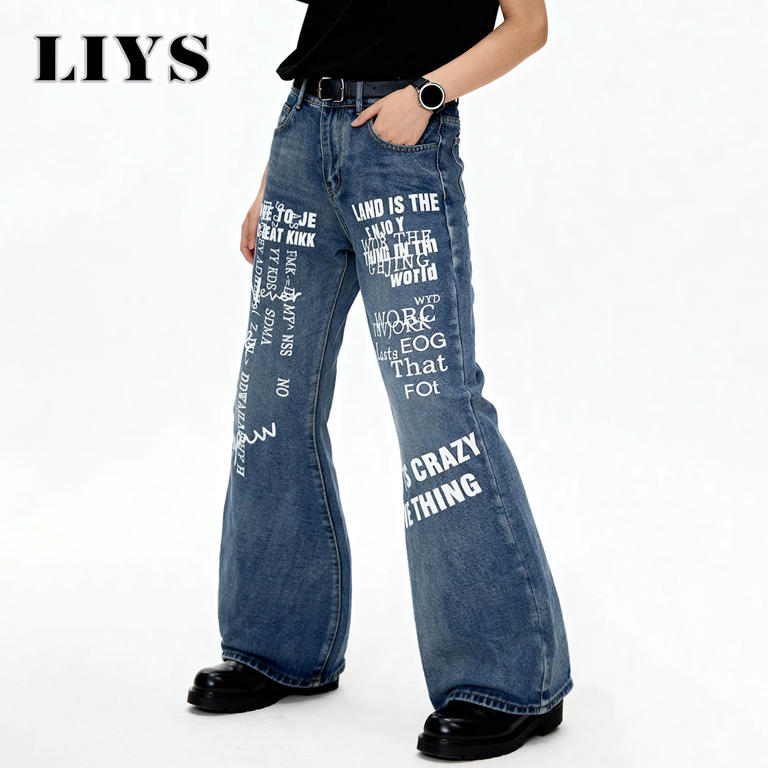 

2025 мужские осенние винтажные джинсы с принтом Bootcut, мужские и женские утягивающие джинсы-клеш, повседневные свободные синие джинсовые длинные мешковатые брюки