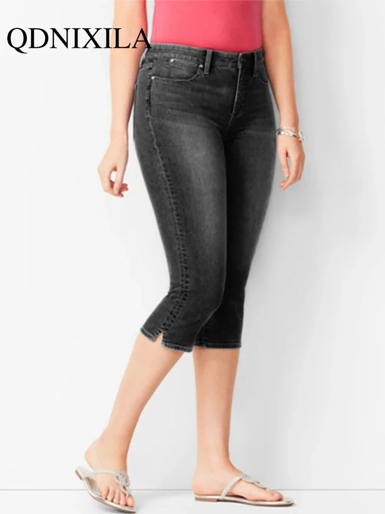 Woman\'s Jeans Black Denim Pants Ladies Cropped Trousers Skinny Knee Length Jeans Women Elastic High Waist Mom Jeans Oversize