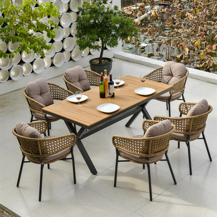 

Leisure Outdoor Rattan Furniture Patio Garden Set Aluminium Frame Table and Chair Hot Sale Dining Table and Chair 180cm