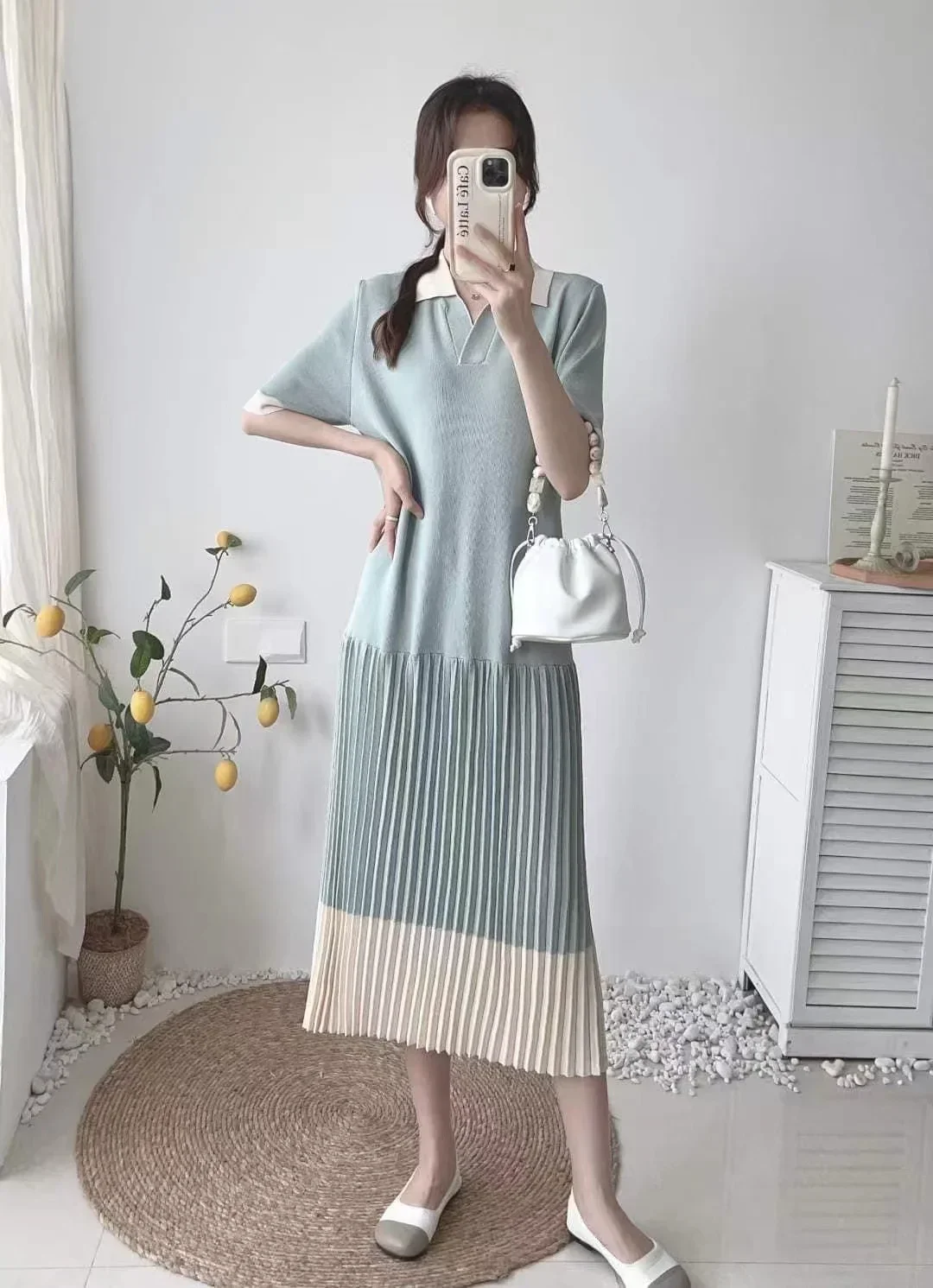 Korean Fashion Knitted summer dresses for women 2023 Casual Short Sleeve Polo Collar Contrast Color Pleated Long Dresses Vestido