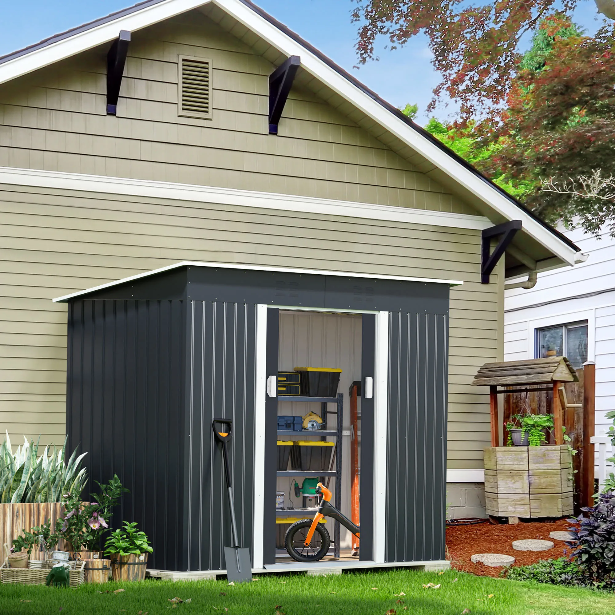 4.2 x 9.1 Ft Outdoor Storage Shed, Metal Tool Shed with Lockable Doors Vents, Utility Garden Shed for Patio Lawn Backyard, Dark