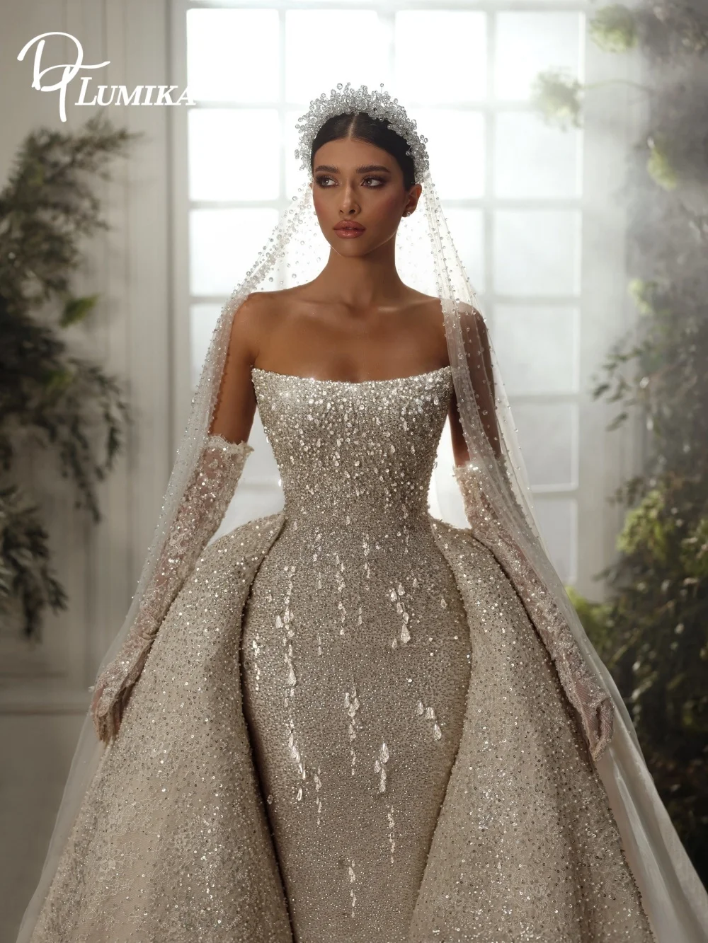 Shimmering Straight Bridal Dress Luxury Sequins Beaded Detachable Overskirt Wedding Gown Customized Bride Robe Vestido De Novia