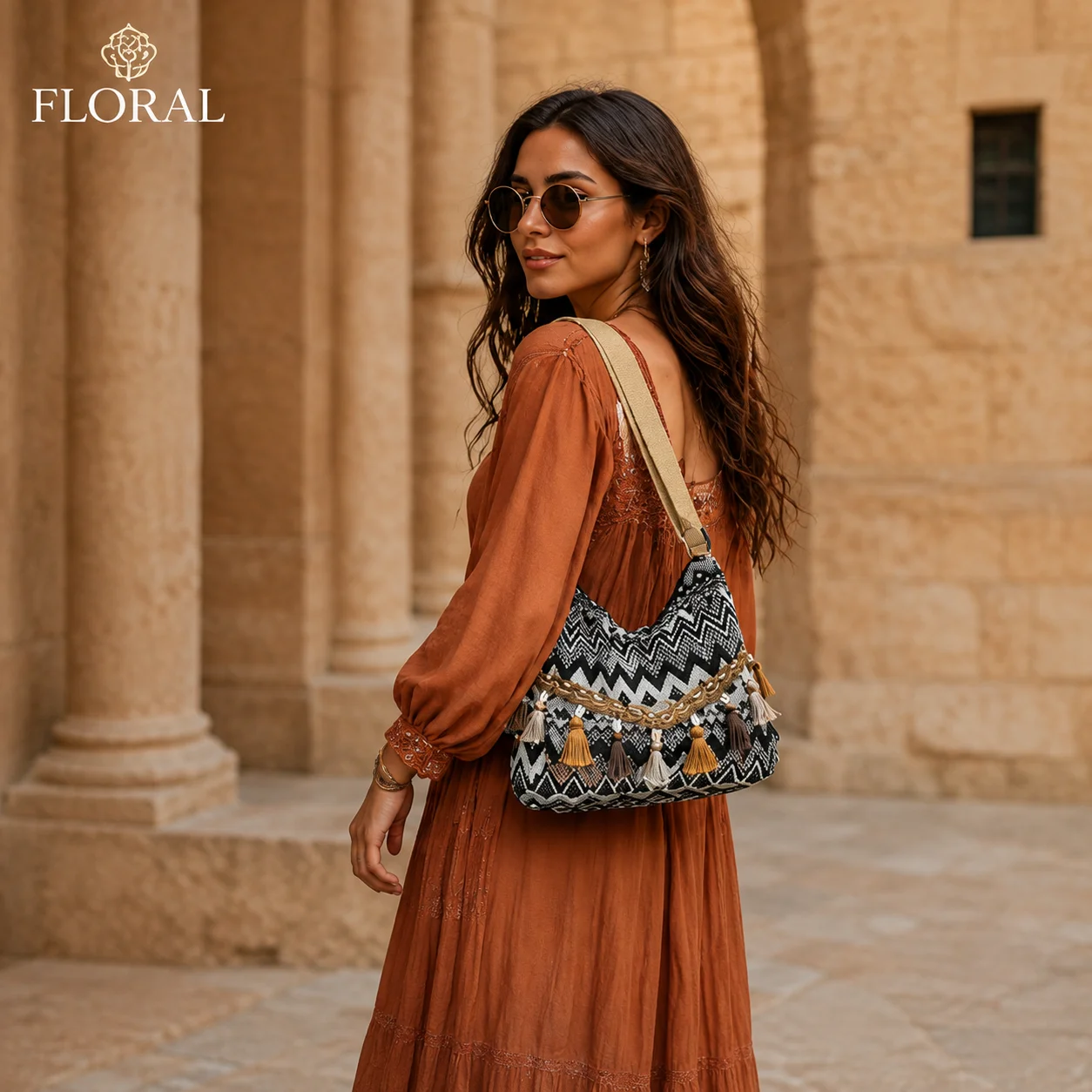 FLORAL Boho Hobo Bag for Women Colorful Geometric Tassel Shoulder Purse Adjustable Strap for Vacation Festival Weekend Travel