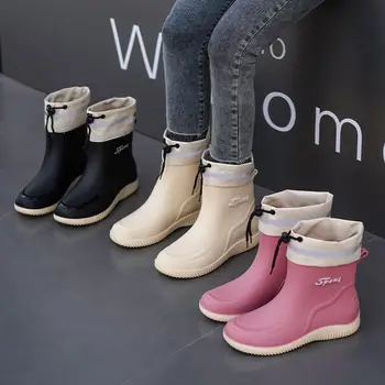 Women's Rain Bootsmid-tube Drawstring Waterproof Shoes, Kitchen Work Car Wash, Short-tube, Wear-resistant, Non-slip Rubber Shoes