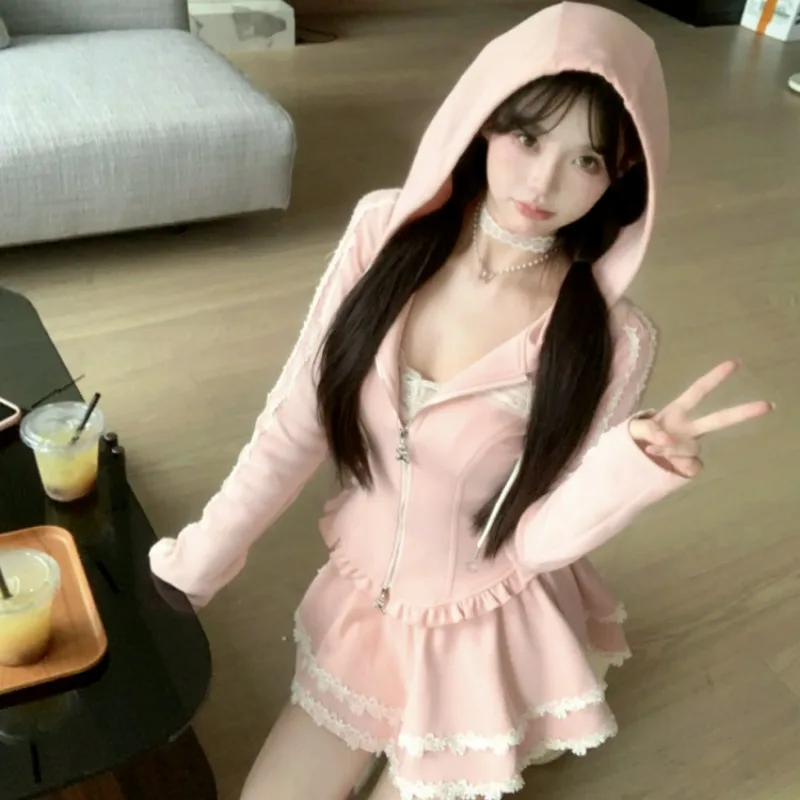 New Pure Desire Wind Sweet Pink Cardigan Women Slim Fall  Winter Fashion Hooded Sweater Half-body Skirt Kawaii Two-piece Suit