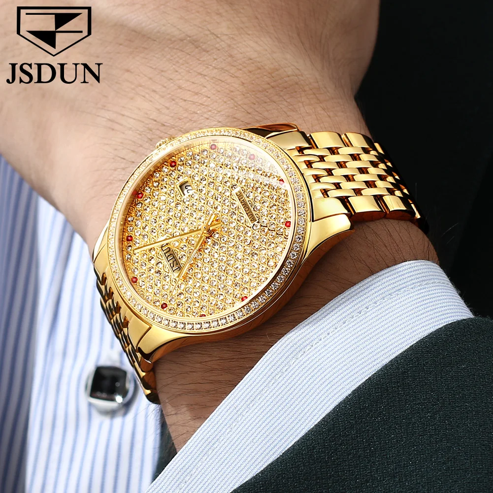 JSDUN 8815 Full Diamond Watch for Men Gold Stainless Steel Strap Waterproof Dual Calendar Display Automatic Mechanical Watch