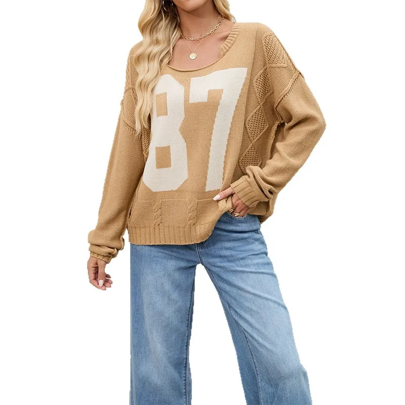 

2025 New Women's Digital Print Color Blocking Knitted Sweater Oversized Casual Comfort Long Sleeve Pullover Tops
