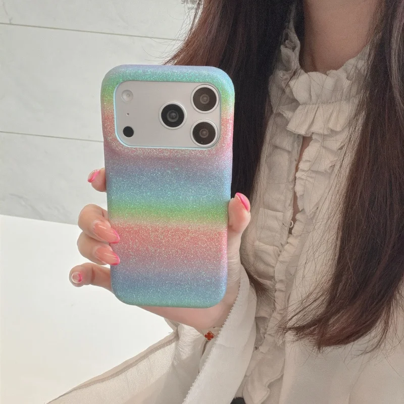 

Luxury gradient Rainbow Grid Glitter PU Leather phone Case ForiPhone 17 16 15 14 13 Pro Max Fashion Shiny Hard Shockproof Cover﻿
