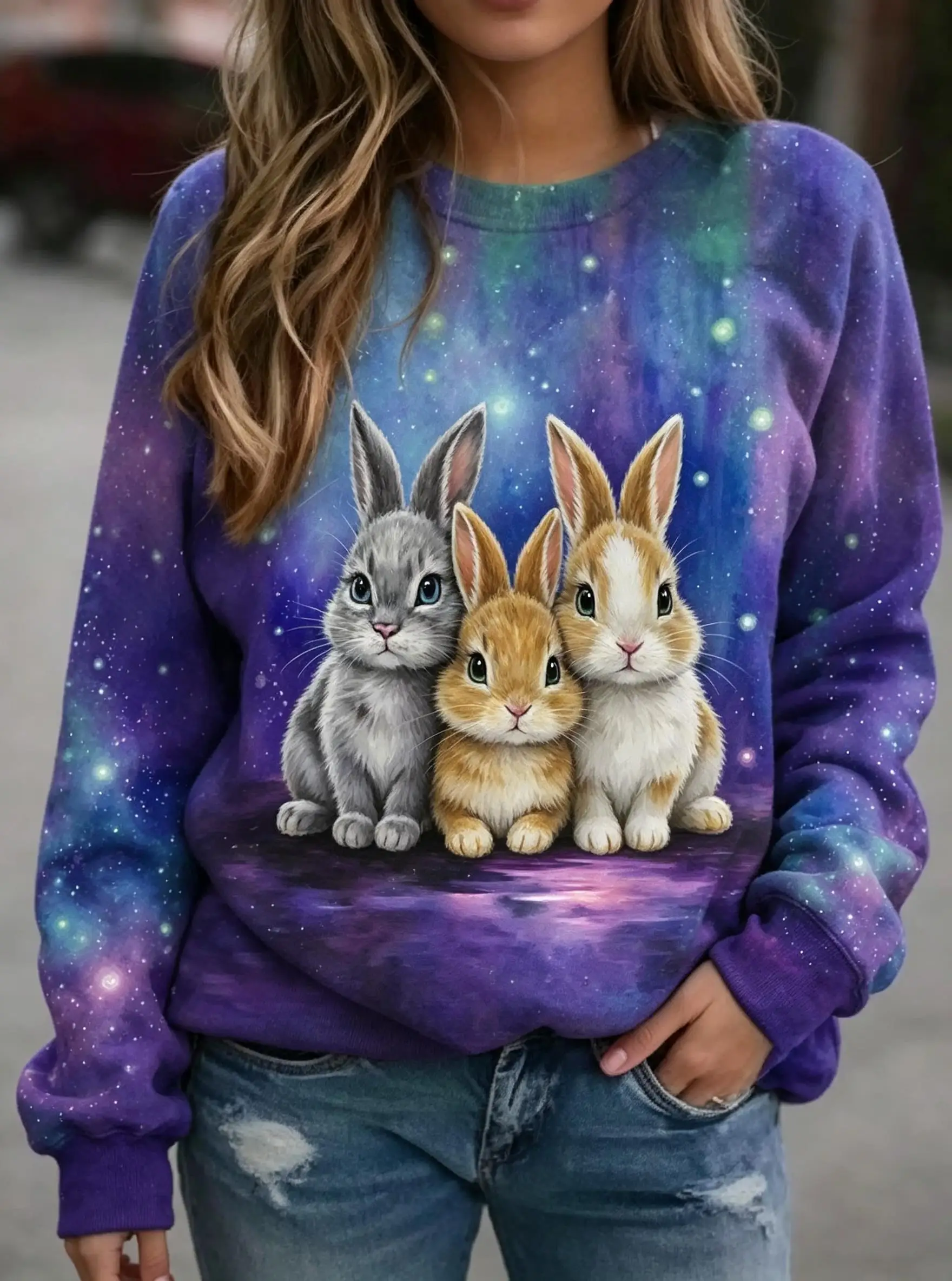 Women Long Sleeve Tee Top Cute Stacked Cat Galaxy Gradient Print Autumn Fashion Casual Round Neck Sweatshirt Women's Clothes