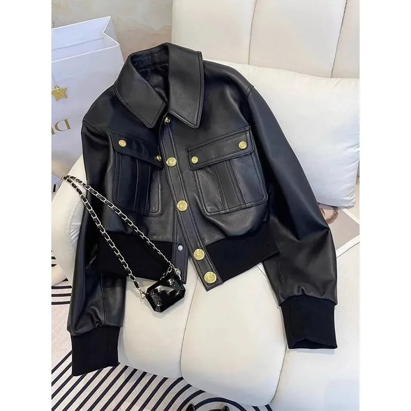 Spring Autumn Ladies High End Lapel PU Leather Coat Retro Women Fashion Faux Leather Outwear 2025 Femme Leisure Short Top Jacket