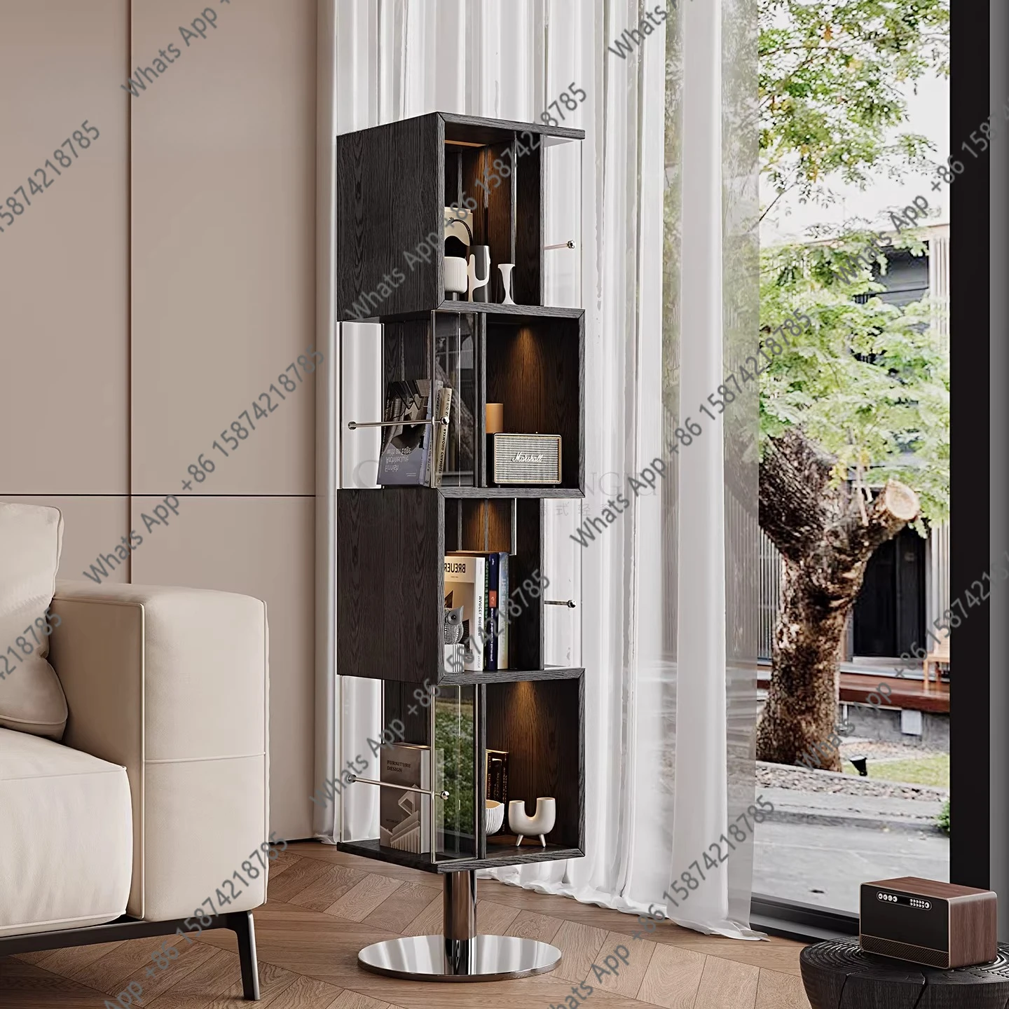 Black rotating floor bookshelf, living room bookshelf with ambient light, solid wood magazine storage, medieval retro bookcase