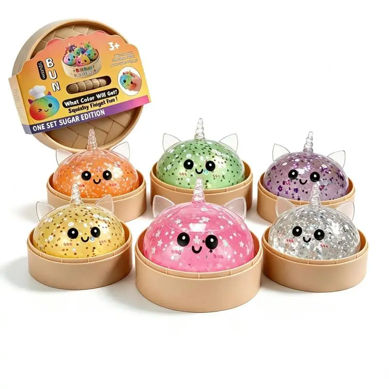 Unicorn Bun Squishy, Transparent Glitter Simulation Soup Dumpling Toy, Colorful Fake Steamed Bun Fidget Squeeze Toy for Stress
