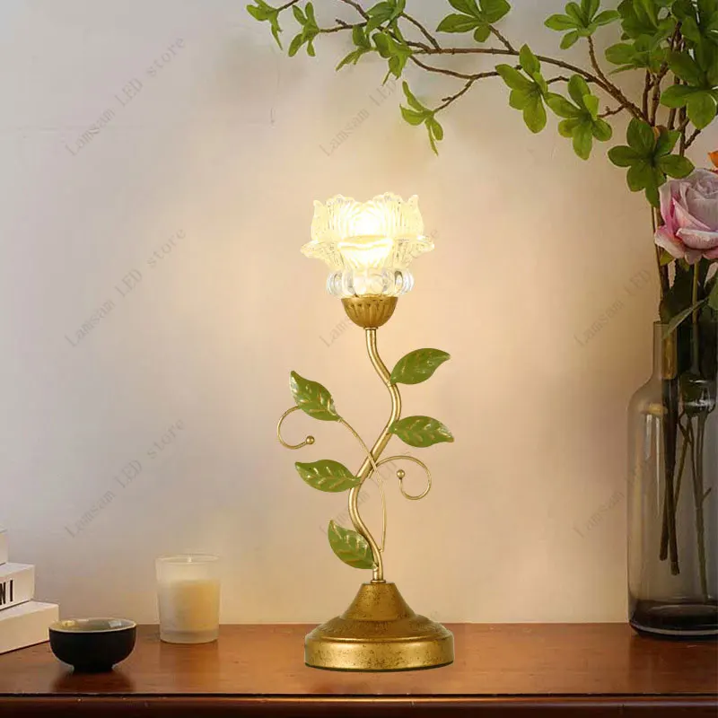 

AC Powered Rose Flower Lamp Decorative Plant-shaped Desk Light Triclored E14 Blub Pastoral Style Lighting Fixtures for Room Deco