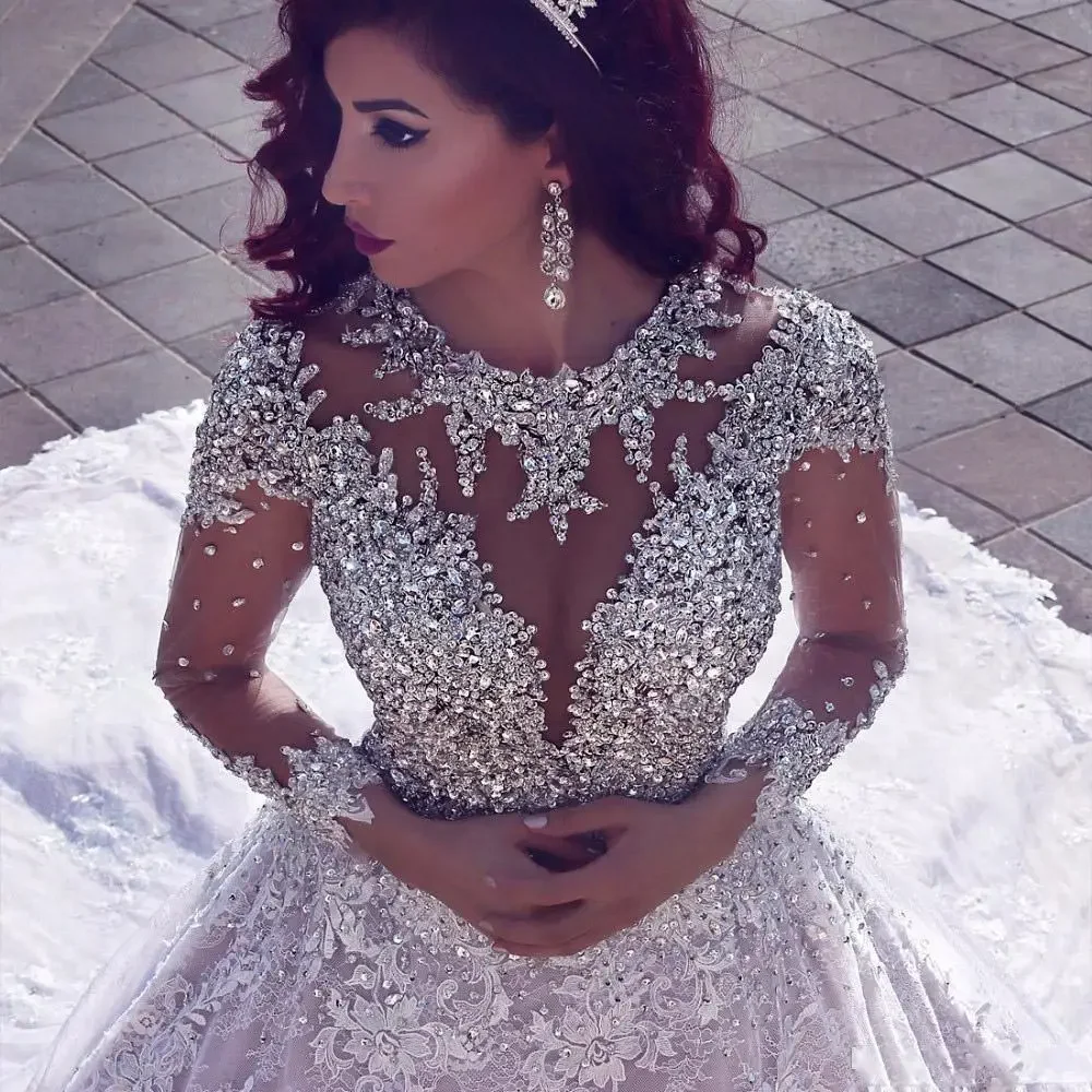 

Customized Latest Luxury Beading Long Sleeve Wedding Gowns With Royal Train Sequined Open Back Vestido De Noiva Custom