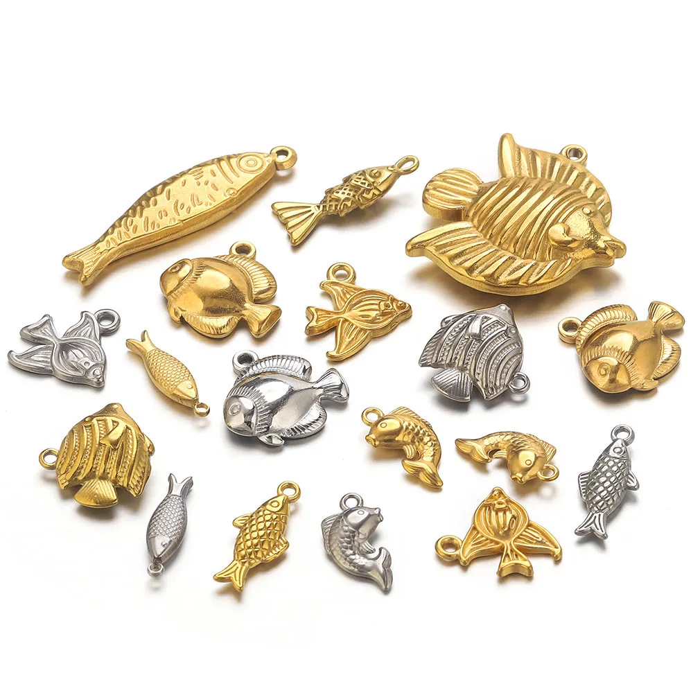 

5pcs Stainless Steel Fish Charm Ocean Vintage Gold-plated 18k for DIY Necklace Bracelet Anklet Jewelry Making Material Wholesale