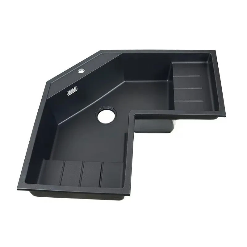 Modern Handmade Quartz Three Bowl Kitchen Sink Multifunctional Corner Vegetable Washbasin Black Countertop Basin
