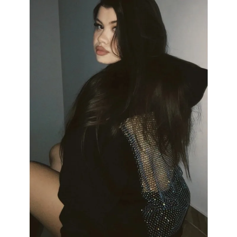

Autumn Y2k Women's Hoodie Sweatshirt Solid Sexy See Through Back Hollow Sparkly Mesh Long Sleeve Oversized Pullover Party Tops