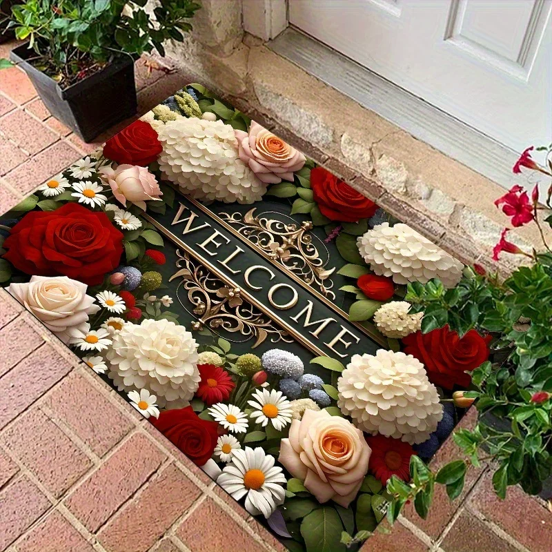 Felpudo de bienvenida con estampado floral, alfombra antideslizante vibrante para áreas de tráfico altas interiores y exteriores, perfecto para el día de San Valentín, estera de primavera