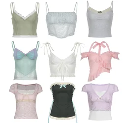 Sexy Vintage Strappy Y2K Halter Crop Top Women Summer 2000s Backless Cami Tops Tees Ladies Fashion Emo Clothes Camisole Party