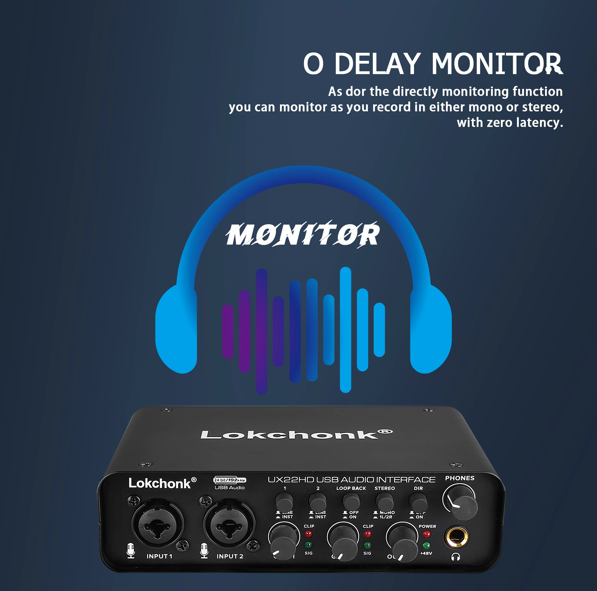 UX22 Audio Interface Soundkarte 24-Bit/192kHz Ad Converter, E-Gitarre Live-Aufnahme Profession Eller Studio-Gesang, Podcast