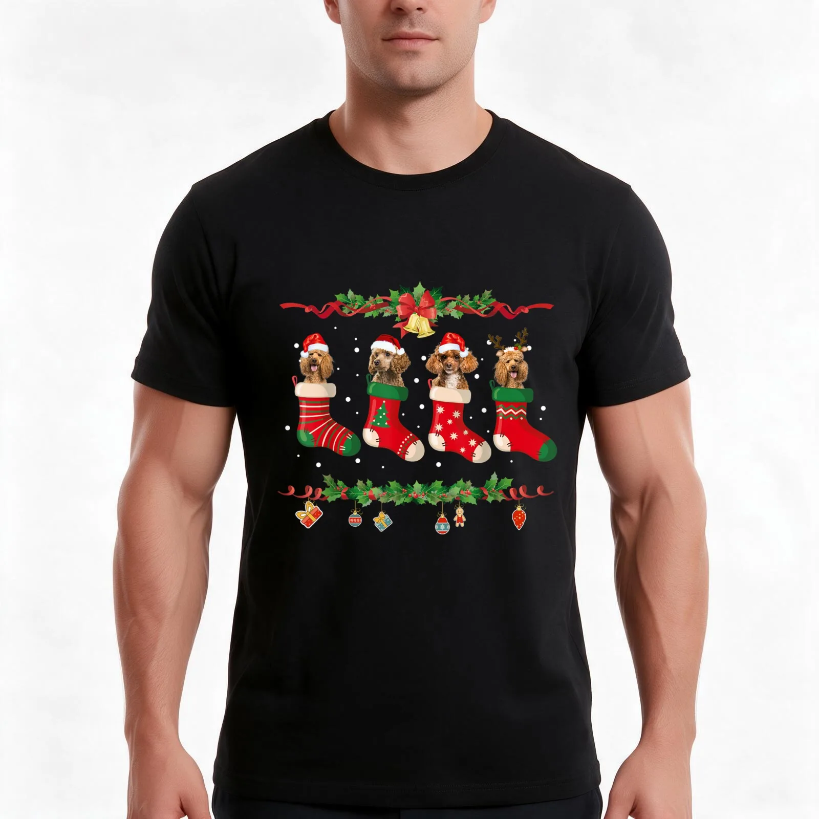 Poodle Christmas Shirt Stocking Dog Lover Xmas Gift Sweater T-Shirt, Summer Casual Cotton Tee, Oversized Streetwear Tops