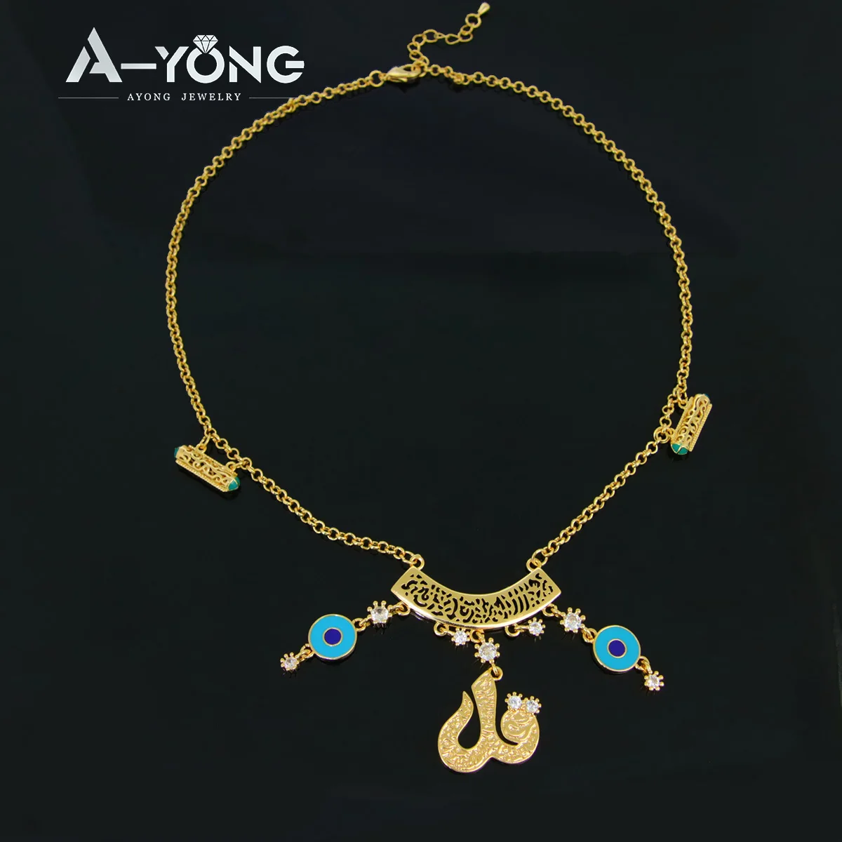 Saudi Letter Long Necklace 21k Gold Plated Personality Blue Eyes Arab Women Choker Dubai Bridal Wedding Banquet Accessories