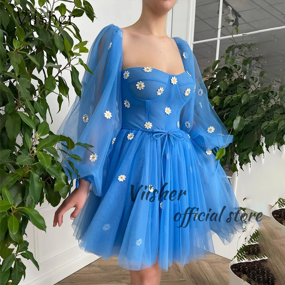 

Viisher Blue Sunflower Tulle Short Prom Party Dresses for Teens Long Sleeve Sweetheart Evening Dress Above Knee