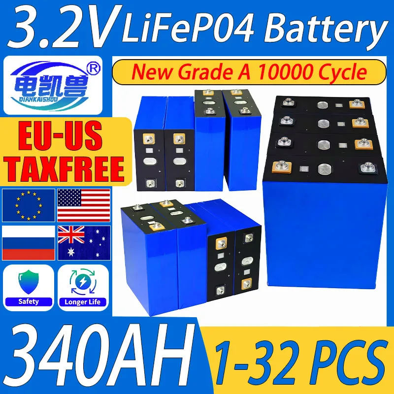 new high-quality 3.2V Lifepo4 340AH 10000 Cycles Grade A Battery DIY 12V 24V 48V RV camping Solar Rechargeable Battery Duty free
