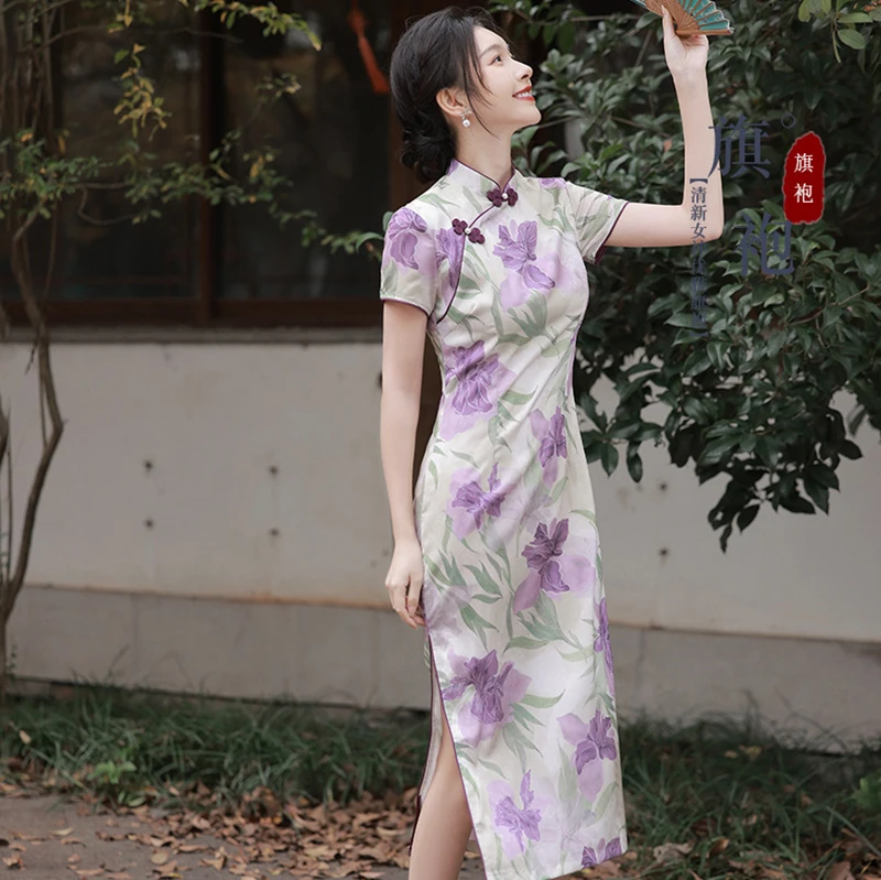 

2023 Summer New Qipao Elegant Purple Chinese Style Dresses Women Print Party Banquet Gown Sexy Cheongsams Improved Vestidos