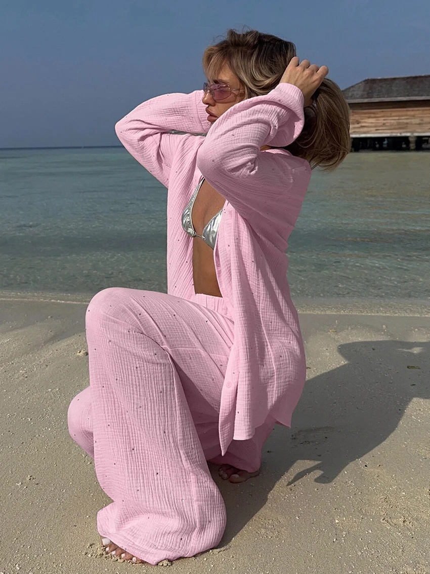 Marthaqiqi Pink Cotton Ladies Sleepwear Suit Long Sleeve Nightwear Turn-Down Collar Pajamas Pants Female Nightgowns 2 Piece Set