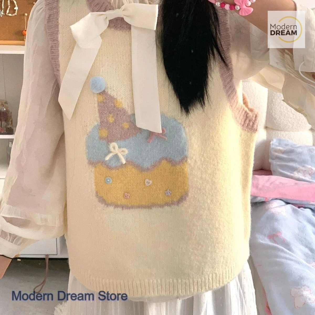 한국식 게으른 바람 케이크 패턴 부드러운 왁시 스웨터 여성 가을 겨울 신상 달콤하고 사랑스러운 루즈핏 레트로 자카드 조끼