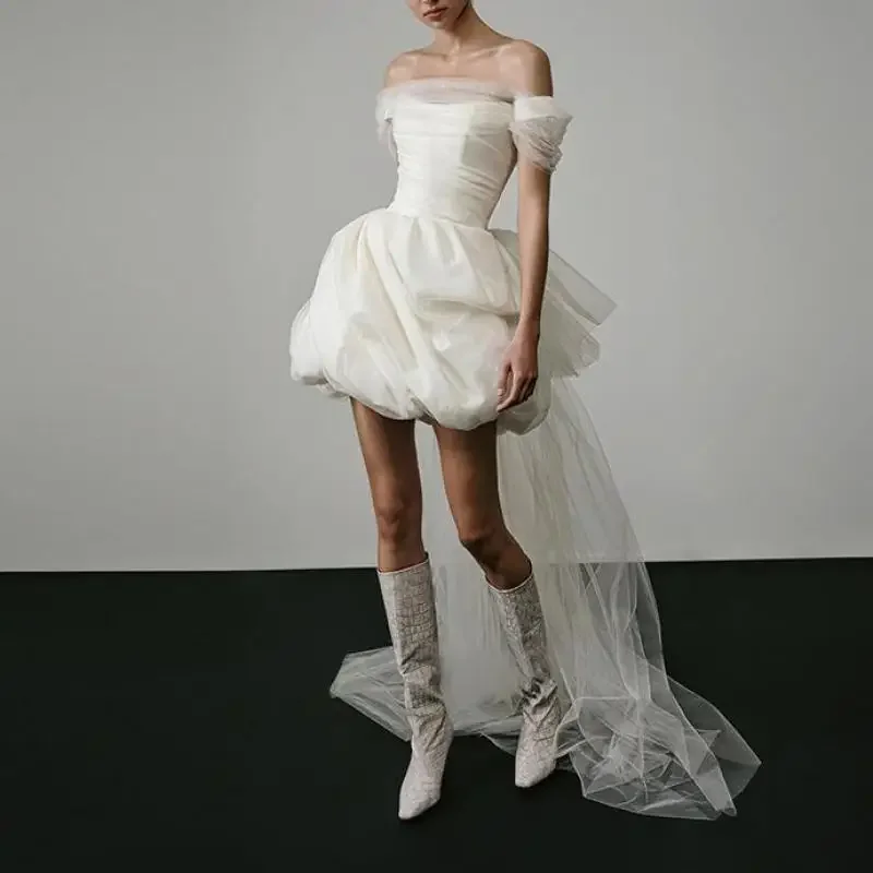 New Elegant Lightweight Wedding Dresses for Women White Sexy Bridal Mini Dress with Mesh Trailing Bridal Luxury Party Vestidos